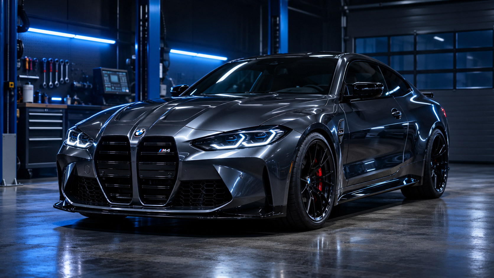 Sportieve BMW M4 in een moderne werkplaats